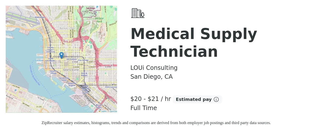 LOUi Consulting job posting for a Medical Supply Technician in San Diego, CA with a salary of $21 to $23 Hourly with a map of San Diego location.