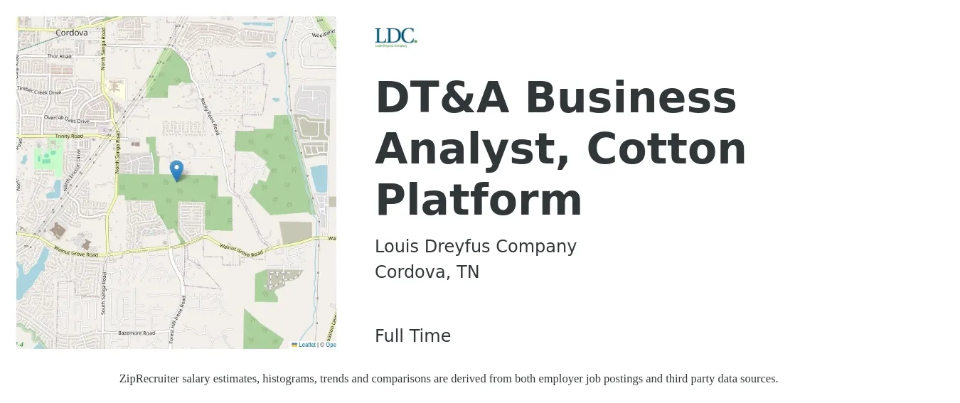 Louis Dreyfus Company job posting for a DT&A Business Analyst, Cotton Platform in Cordova, TN with a salary of $32 to $54 Hourly with a map of Cordova location.