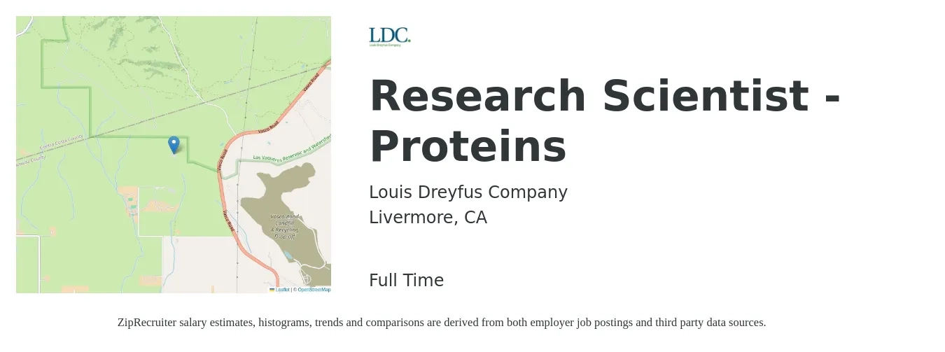 Louis Dreyfus Company job posting for a Research Scientist - Proteins in Livermore, CA with a salary of $126,100 to $202,900 Yearly with a map of Livermore location.