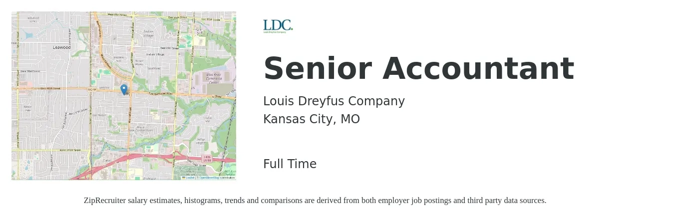 Louis Dreyfus Company job posting for a Senior Accountant in Kansas City, MO with a salary of $72,200 to $90,800 Yearly with a map of Kansas City location.