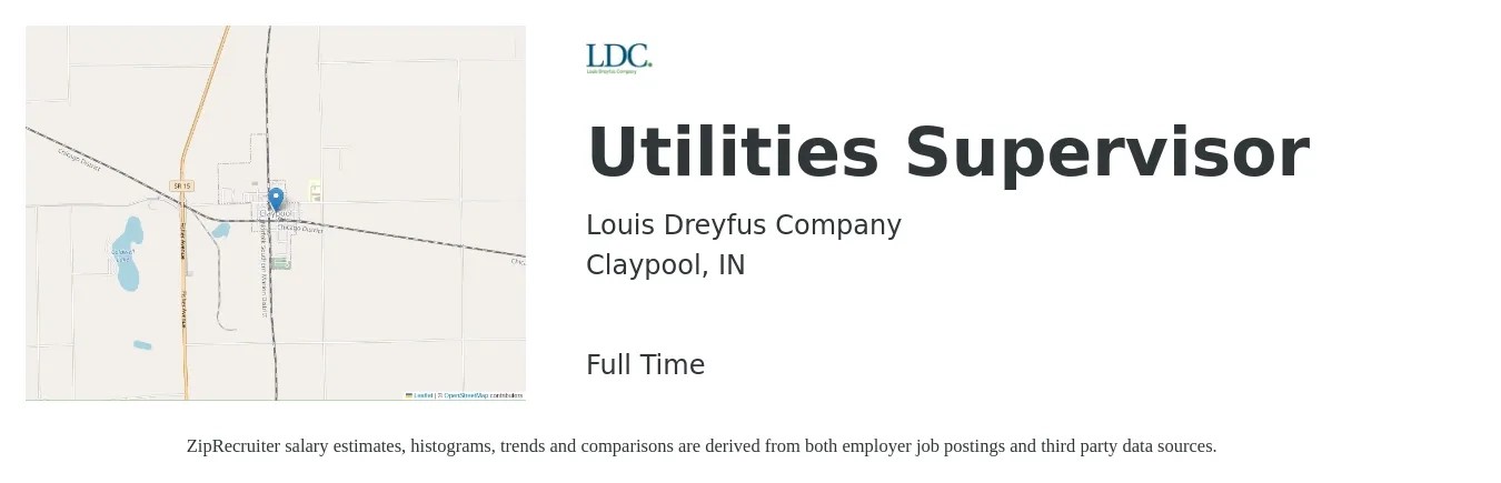 Louis Dreyfus Company job posting for a Utilities Supervisor in Claypool, IN with a salary of $64,000 to $108,600 Yearly with a map of Claypool location.