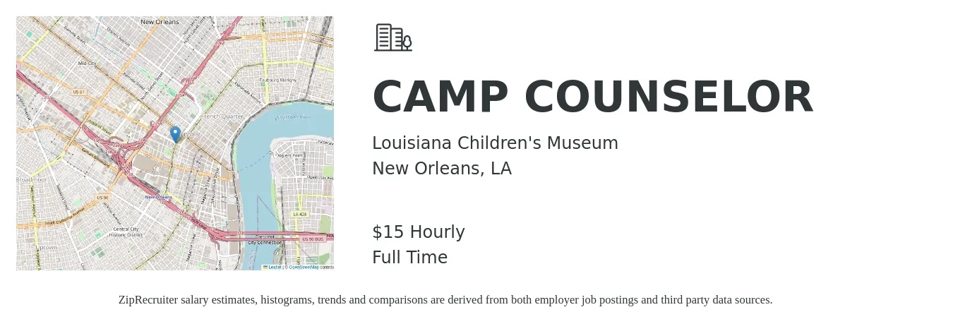 Louisiana Children's Museum job posting for a CAMP COUNSELOR in New Orleans, LA with a salary of $16 Hourly with a map of New Orleans location.
