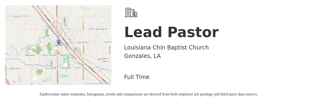 Louisiana Chin Baptist Church job posting for a Lead Pastor in Gonzales, LA with a salary of $43,100 to $56,000 Yearly with a map of Gonzales location.