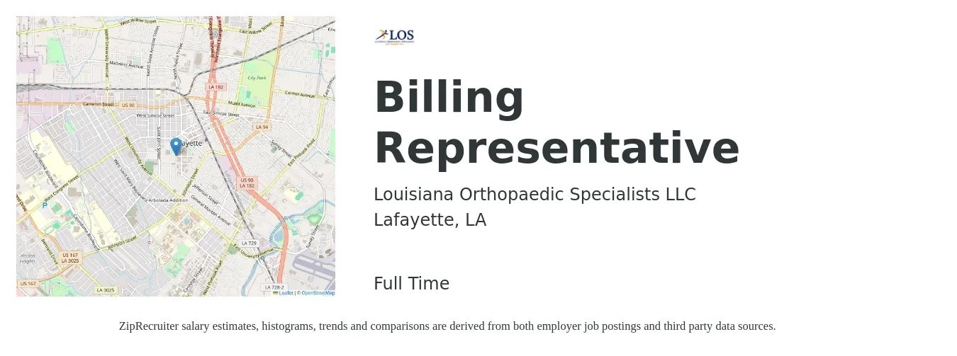 Louisiana Orthopaedic Specialists LLC job posting for a Billing Representative in Lafayette, LA with a salary of $14 to $18 Hourly with a map of Lafayette location.