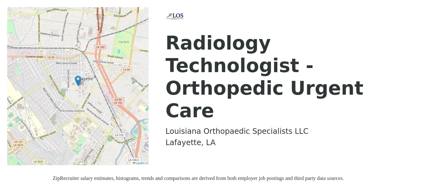 Louisiana Orthopaedic Specialists LLC job posting for a Radiology Technologist - Orthopedic Urgent Care in Lafayette, LA with a salary of $930 to $1,920 Weekly with a map of Lafayette location.