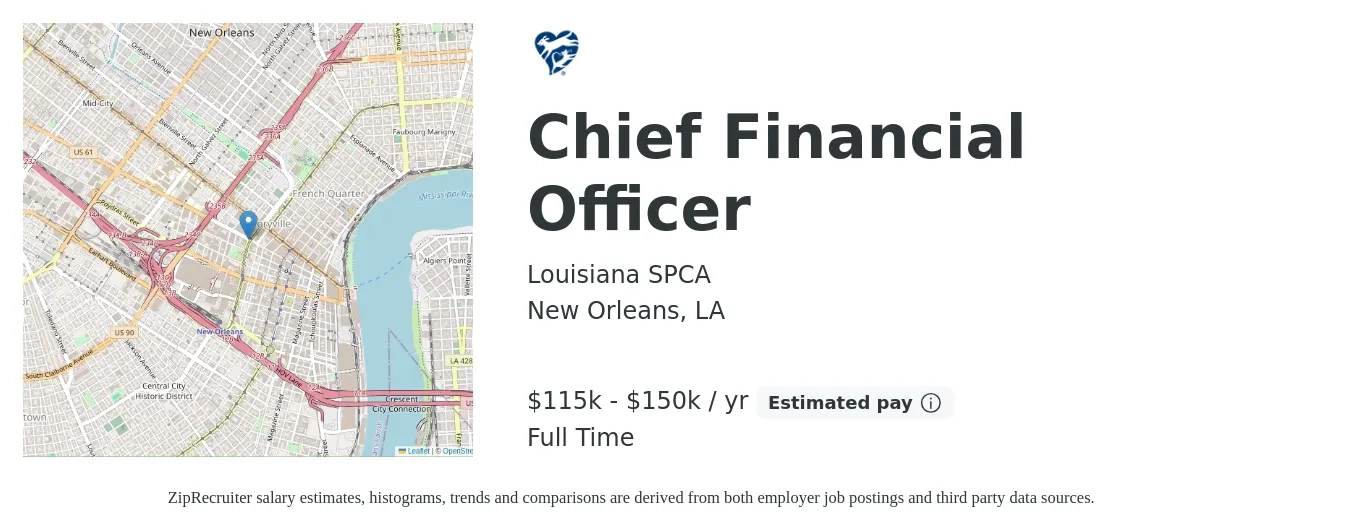 Louisiana SPCA job posting for a Chief Financial Officer in New Orleans, LA with a salary of $115,000 to $150,000 Yearly with a map of New Orleans location.