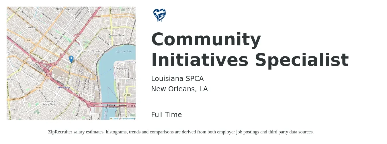 Louisiana SPCA job posting for a Community Initiatives Specialist in New Orleans, LA with a salary of $17 to $27 Hourly with a map of New Orleans location.