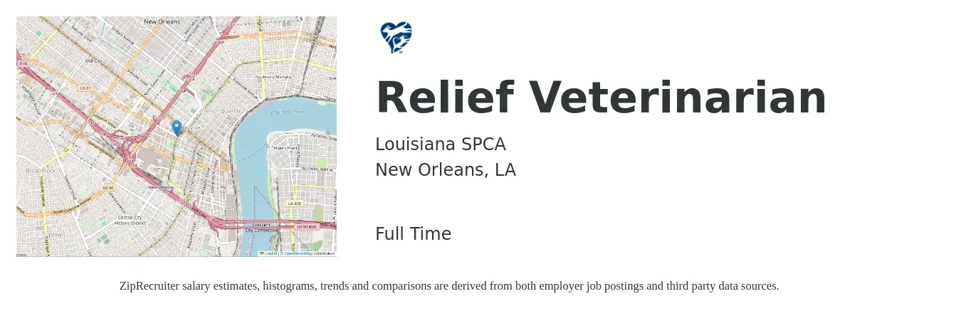 Louisiana SPCA job posting for a Relief Veterinarian in New Orleans, LA with a salary of $106,400 to $207,200 Yearly with a map of New Orleans location.