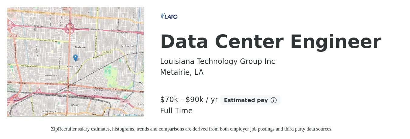 Louisiana Technology Group Inc job posting for a Data Center Engineer in Metairie, LA with a salary of $70,000 to $90,000 Yearly with a map of Metairie location.