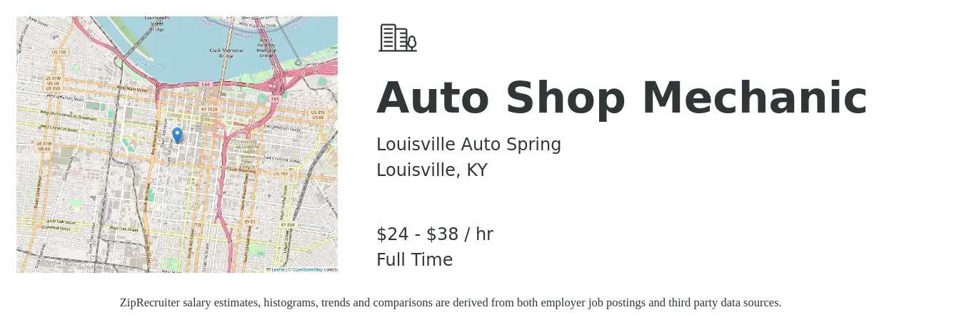 Louisville Auto Spring job posting for a Auto Shop Mechanic in Louisville, KY with a salary of $25 to $40 Hourly with a map of Louisville location.