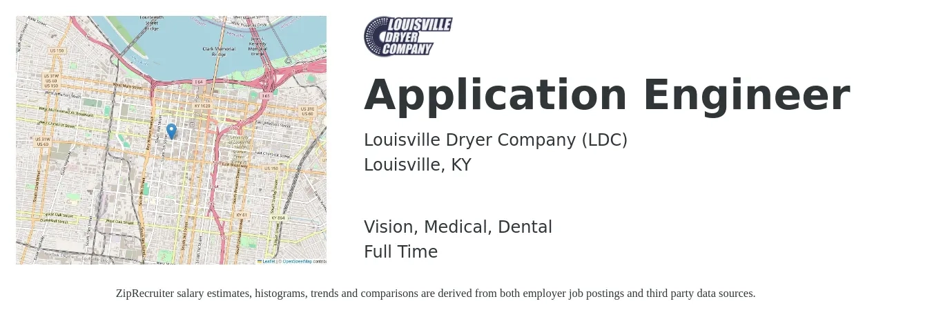Louisville Dryer Company (LDC) job posting for a Application Engineer in Louisville, KY with a salary of $80,700 to $129,700 Yearly and benefits including vision, dental, life_insurance, medical, and retirement with a map of Louisville location.