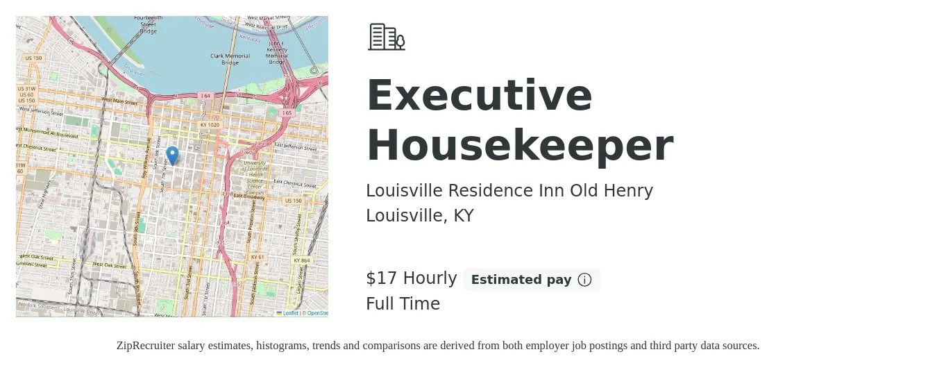 Louisville Residence Inn Old Henry job posting for a Executive Housekeeper in Louisville, KY with a salary of $18 Hourly with a map of Louisville location.