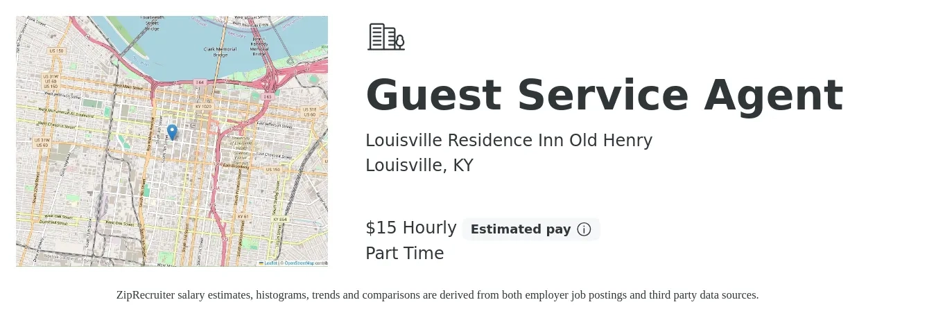 Louisville Residence Inn Old Henry job posting for a Guest Service Agent in Louisville, KY with a salary of $16 Hourly with a map of Louisville location.