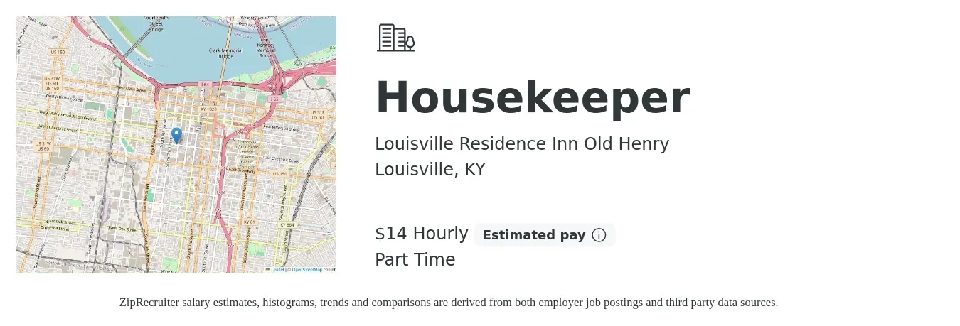 Louisville Residence Inn Old Henry job posting for a Housekeeper in Louisville, KY with a salary of $15 Hourly with a map of Louisville location.