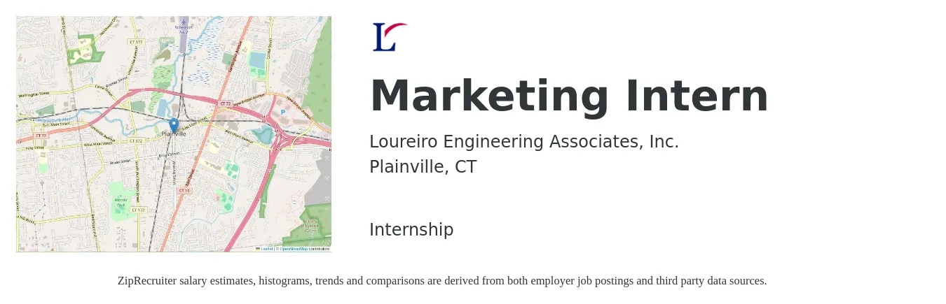 Loureiro Engineering Associates, Inc. job posting for a Marketing Intern in Plainville, CT with a salary of $15 to $20 Hourly with a map of Plainville location.