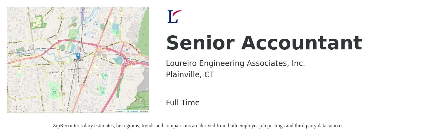 Loureiro Engineering Associates, Inc. job posting for a Senior Accountant in Plainville, CT with a salary of $72,600 to $91,300 Yearly with a map of Plainville location.