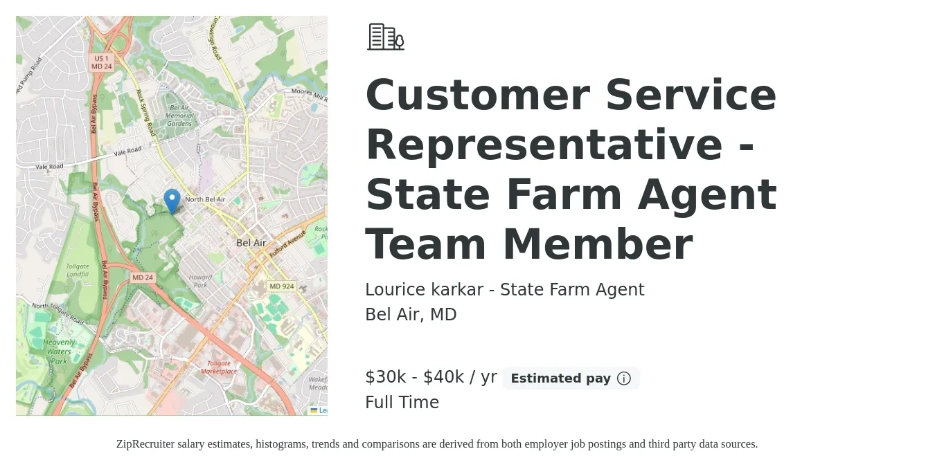 Lourice karkar - State Farm Agent job posting for a Customer Service Representative - State Farm Agent Team Member in Bel Air, MD with a salary of $30,000 to $40,000 Yearly with a map of Bel Air location.