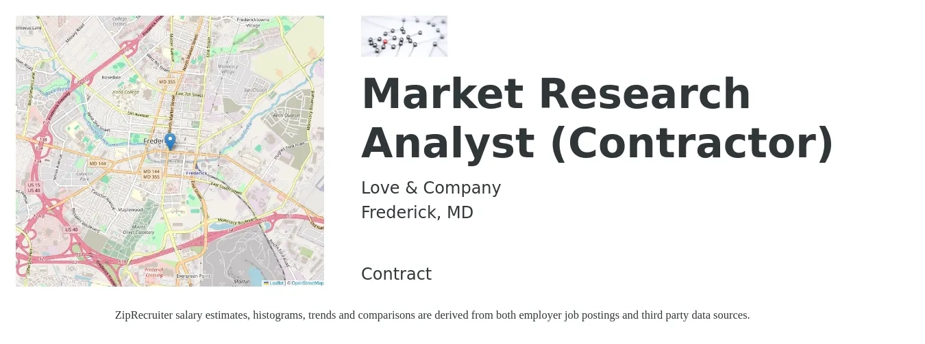 Love & Company job posting for a Market Research Analyst (Contractor) in Frederick, MD with a salary of $51,200 to $82,300 Yearly with a map of Frederick location.