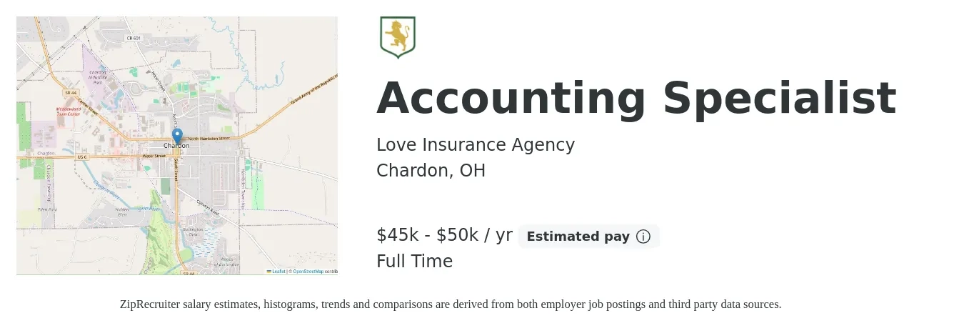 Love Insurance Agency job posting for a Accounting Specialist in Chardon, OH with a salary of $45,000 to $50,000 Yearly with a map of Chardon location.