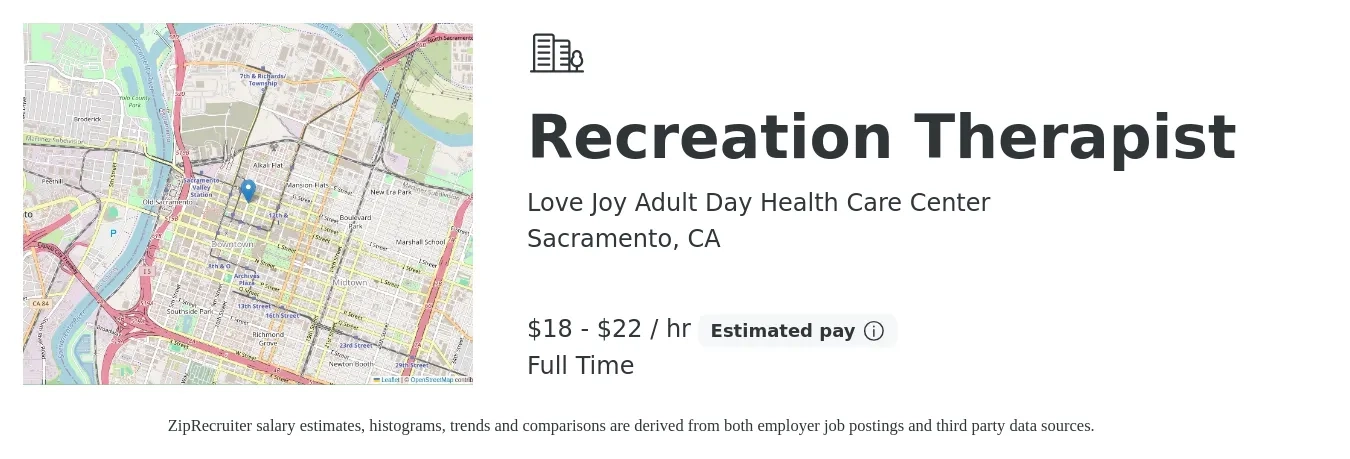 Love Joy Adult Day Health Care Center job posting for a Recreation Therapist in Sacramento, CA with a salary of $19 to $23 Hourly with a map of Sacramento location.