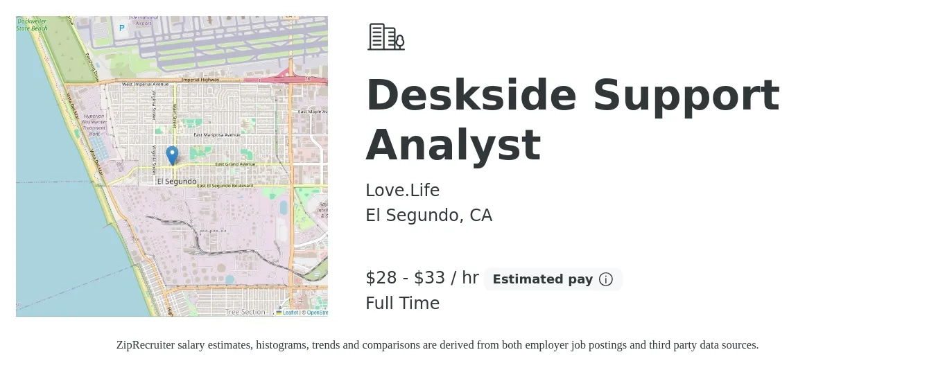Love.Life job posting for a Deskside Support Analyst in El Segundo, CA with a salary of $30 to $35 Hourly with a map of El Segundo location.