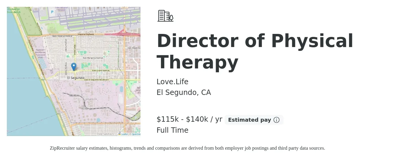 Love.Life job posting for a Director of Physical Therapy in El Segundo, CA with a salary of $115,000 to $140,000 Yearly with a map of El Segundo location.