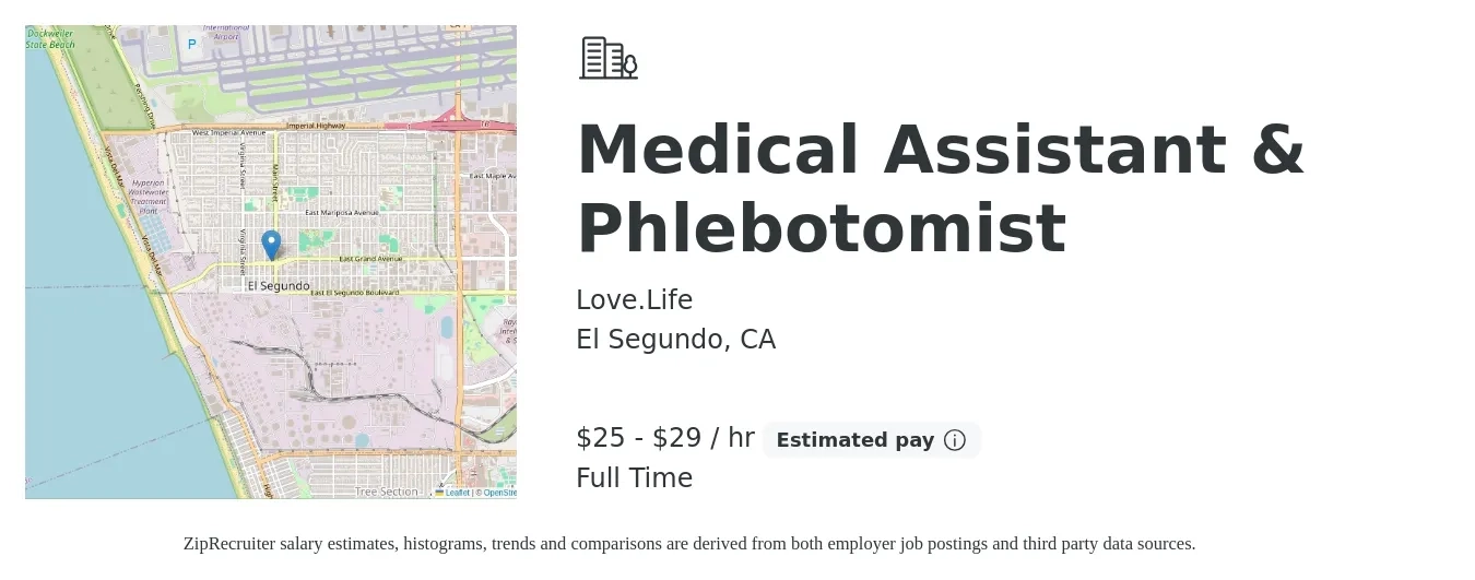Love.Life job posting for a Medical Assistant & Phlebotomist in El Segundo, CA with a salary of $27 to $31 Hourly with a map of El Segundo location.