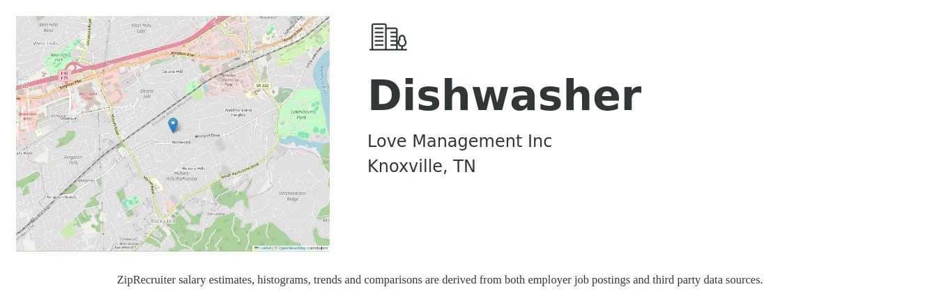 Love Management Company job posting for a Dishwasher in Knoxville, TN with a salary of $12 to $16 Hourly with a map of Knoxville location.