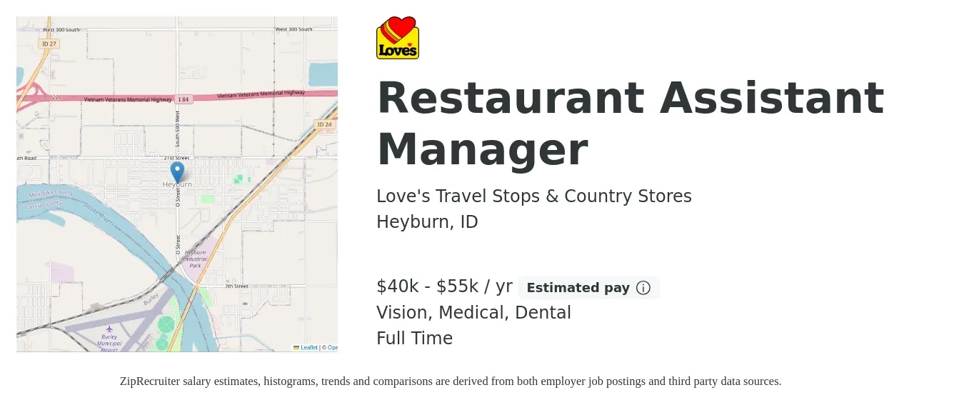 Love's Travel Stops & Country Stores job posting for a Restaurant Assistant Manager in Heyburn, ID with a salary of $40,000 to $55,000 Yearly and benefits including pto, retirement, vision, dental, life_insurance, and medical with a map of Heyburn location.