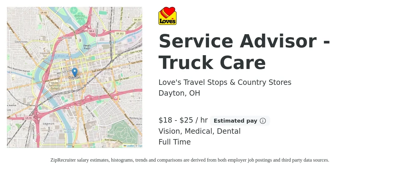 Love's Travel Stops & Country Stores job posting for a Service Advisor - Truck Care in Dayton, OH with a salary of $19 to $26 Hourly and benefits including dental, life_insurance, medical, pto, retirement, and vision with a map of Dayton location.