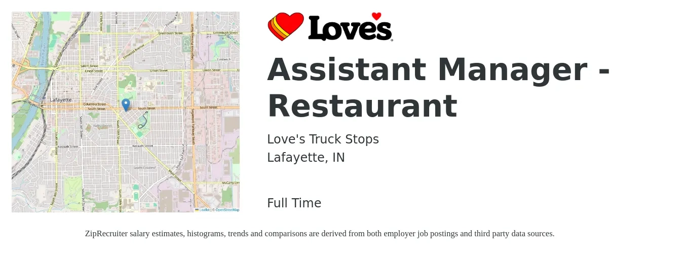 Love's Truck Stops job posting for a Assistant Manager - Restaurant in Lafayette, IN with a salary of $16 to $24 Hourly with a map of Lafayette location.