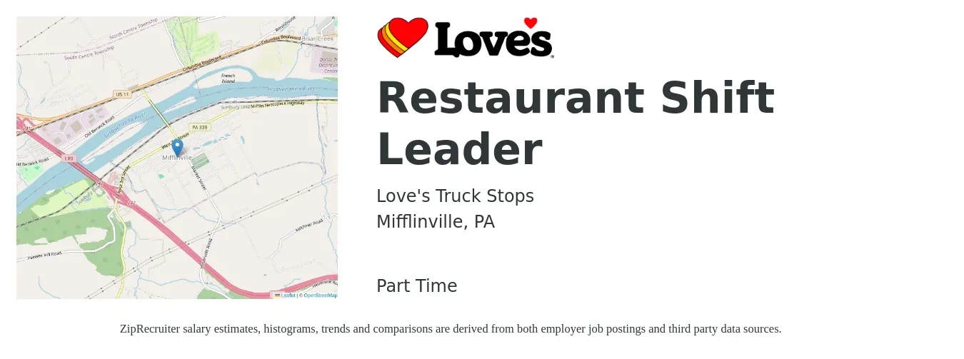 Love's Truck Stops job posting for a Restaurant Shift Leader in Mifflinville, PA with a salary of $13 to $16 Hourly with a map of Mifflinville location.