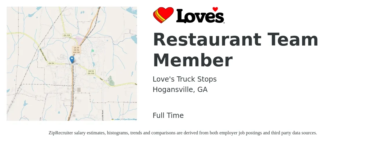 Love's Truck Stops job posting for a Restaurant Team Member in Hogansville, GA with a salary of $11 to $14 Hourly with a map of Hogansville location.
