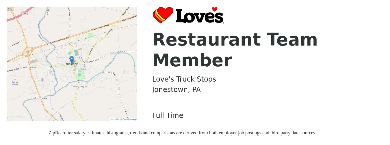 Love's Truck Stops job posting for a Restaurant Team Member in Jonestown, PA with a salary of $11 to $15 Hourly with a map of Jonestown location.