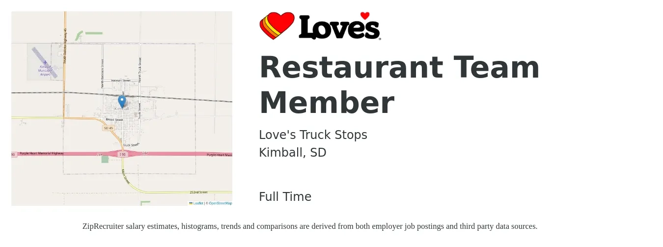 Love's Truck Stops job posting for a Restaurant Team Member in Kimball, SD with a salary of $12 to $16 Hourly with a map of Kimball location.
