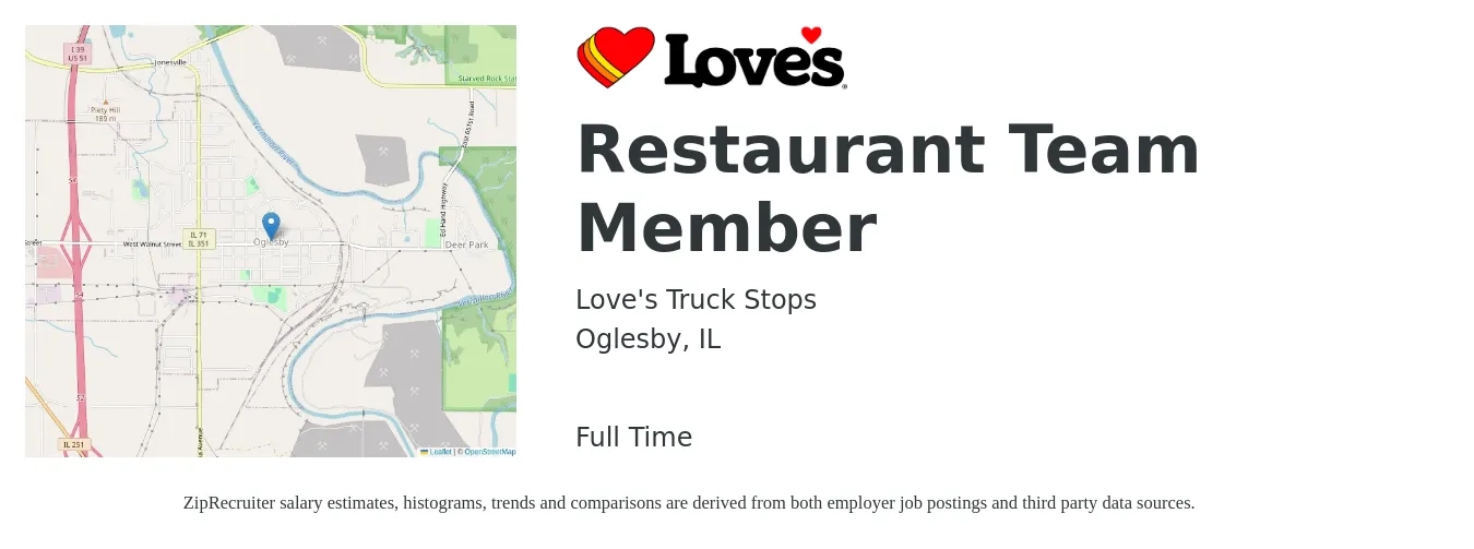 Love's Truck Stops job posting for a Restaurant Team Member in Oglesby, IL with a salary of $11 to $15 Hourly with a map of Oglesby location.