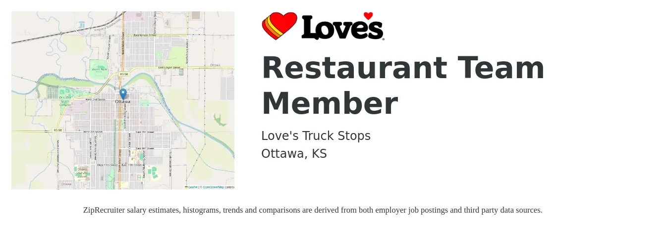 Love's Truck Stops job posting for a Restaurant Team Member in Ottawa, KS with a salary of $10 to $14 Hourly with a map of Ottawa location.