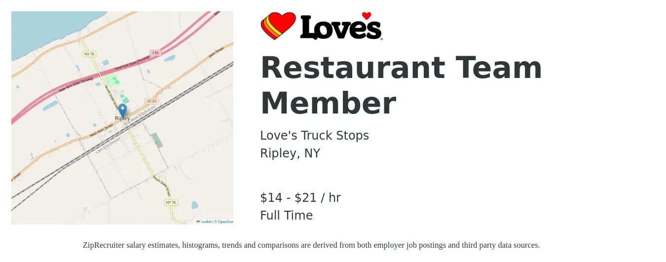 Love's Truck Stops job posting for a Restaurant Team Member in Ripley, NY with a salary of $15 to $22 Hourly with a map of Ripley location.