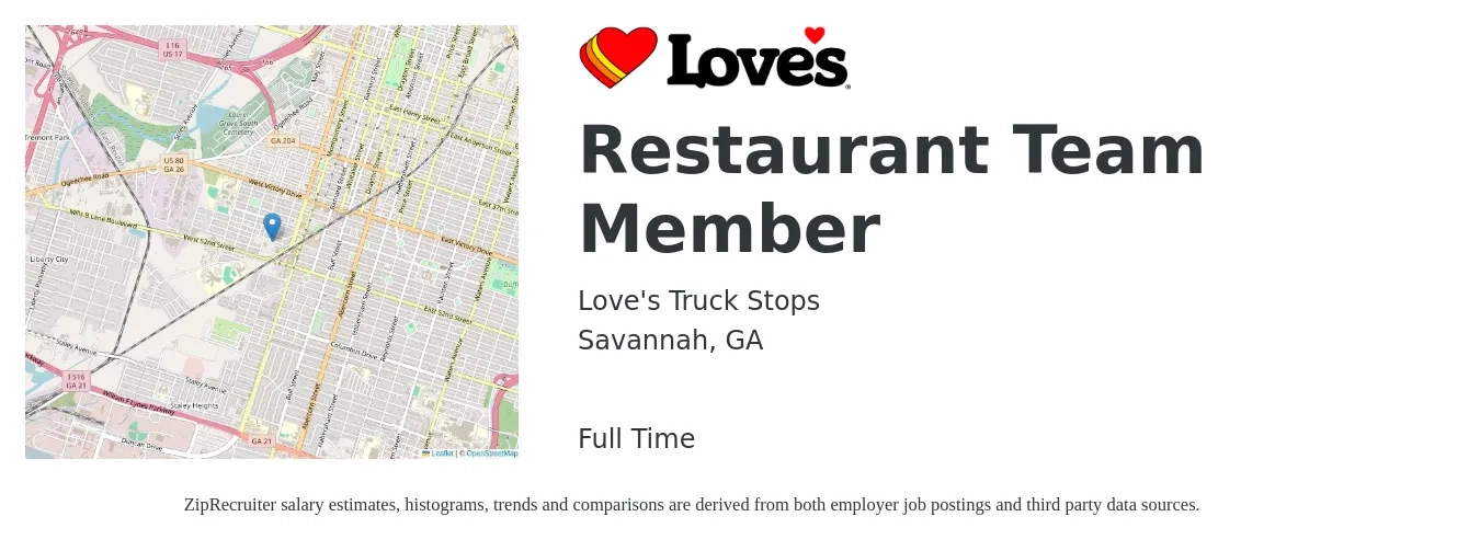 Love's Truck Stops job posting for a Restaurant Team Member in Savannah, GA with a salary of $11 to $15 Hourly with a map of Savannah location.