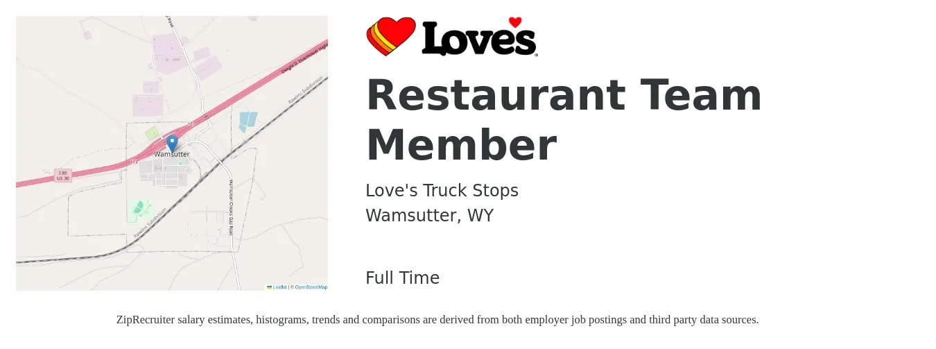 Love's Truck Stops job posting for a Restaurant Team Member in Wamsutter, WY with a salary of $11 to $14 Hourly with a map of Wamsutter location.