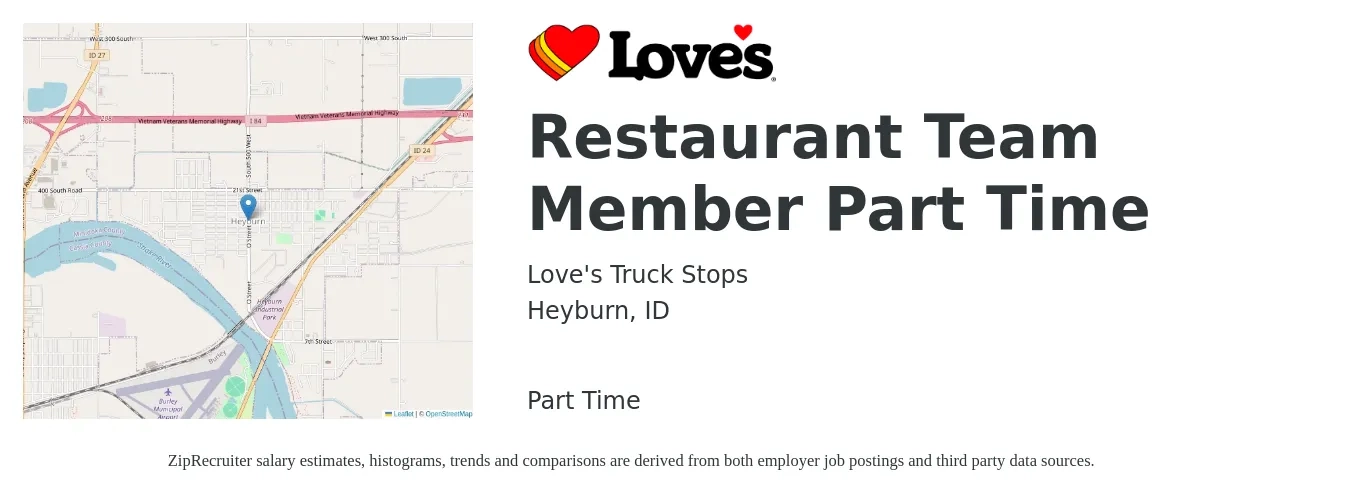 Love's Truck Stops job posting for a Restaurant Team Member Part Time in Heyburn, ID with a salary of $11 to $14 Hourly with a map of Heyburn location.