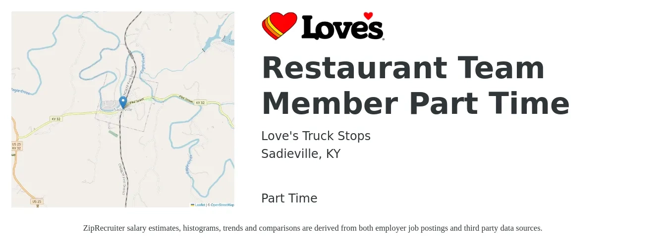 Love's Truck Stops job posting for a Restaurant Team Member Part Time in Sadieville, KY with a salary of $11 to $15 Hourly with a map of Sadieville location.