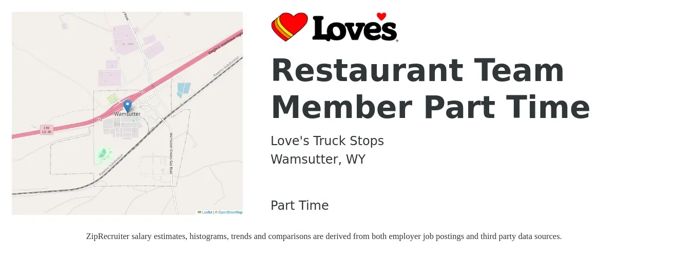 Love's Truck Stops job posting for a Restaurant Team Member Part Time in Wamsutter, WY with a salary of $11 to $14 Hourly with a map of Wamsutter location.