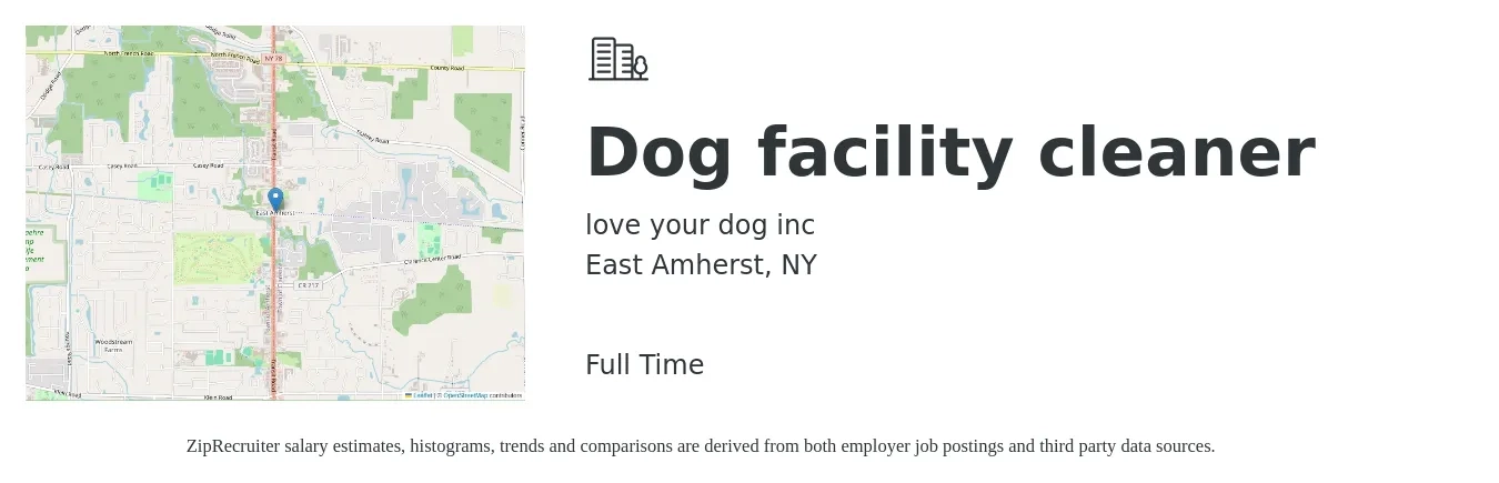 love your dog inc job posting for a Dog facility cleaner in East Amherst, NY with a salary of $13 to $16 Hourly and benefits including pto with a map of East Amherst location.