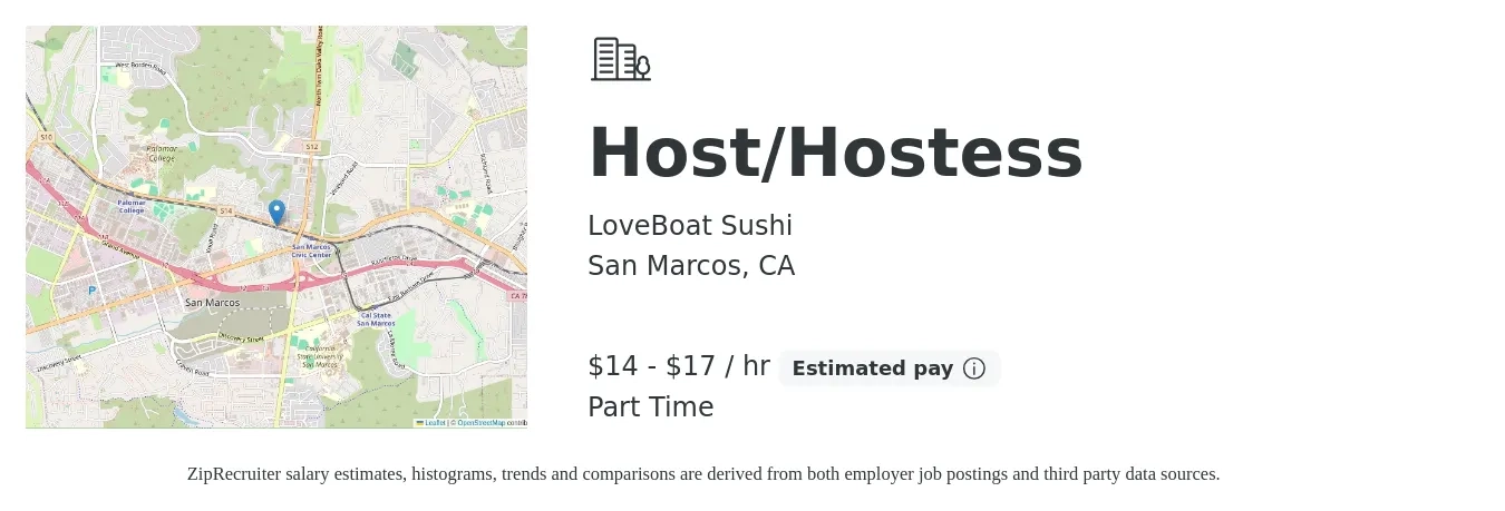 LoveBoat Sushi job posting for a Host/Hostess in San Marcos, CA with a salary of $16 to $18 Hourly with a map of San Marcos location.
