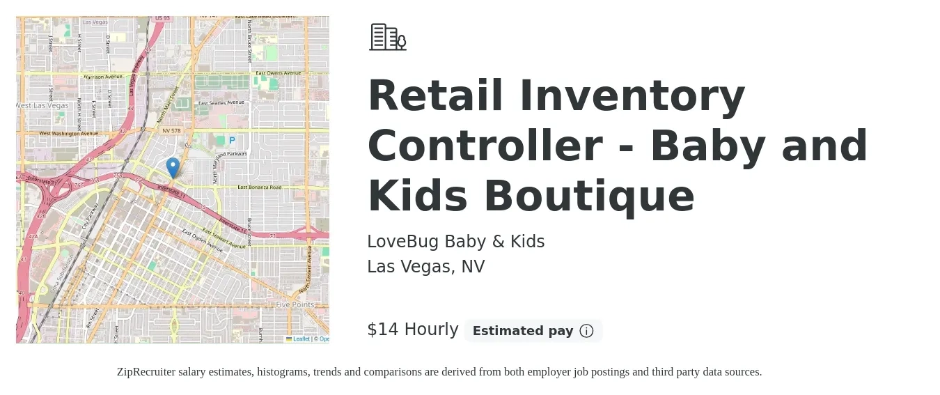 LoveBug Baby & Kids job posting for a Retail Inventory Controller - Baby and Kids Boutique in Las Vegas, NV with a salary of $15 Hourly and benefits including pto, and retirement with a map of Las Vegas location.