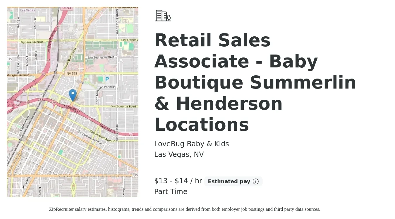 LoveBug Baby & Kids job posting for a Retail Sales Associate - Baby Boutique Summerlin & Henderson Locations in Las Vegas, NV with a salary of $14 to $15 Hourly (plus commission) and benefits including pto, and retirement with a map of Las Vegas location.