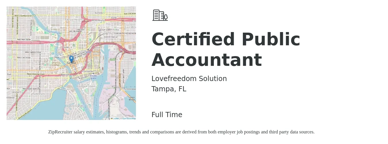 Lovefreedom Solution job posting for a Certified Public Accountant in Tampa, FL with a salary of $70,900 to $97,300 Yearly with a map of Tampa location.