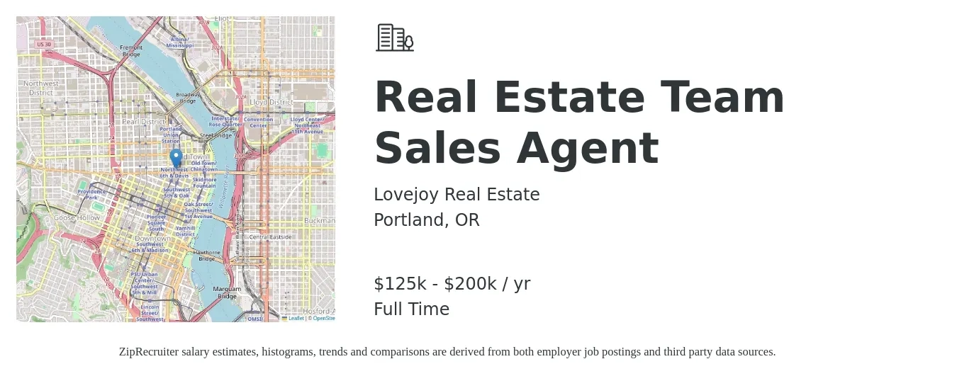 Lovejoy Real Estate job posting for a Real Estate Team Sales Agent in Portland, OR with a salary of $125,000 to $200,000 Yearly with a map of Portland location.