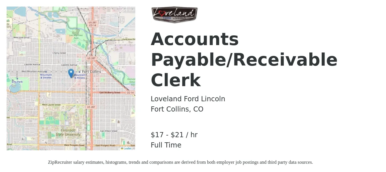 Loveland Ford Lincoln job posting for a Accounts Payable/Receivable Clerk in Fort Collins, CO with a salary of $18 to $22 Hourly with a map of Fort Collins location.